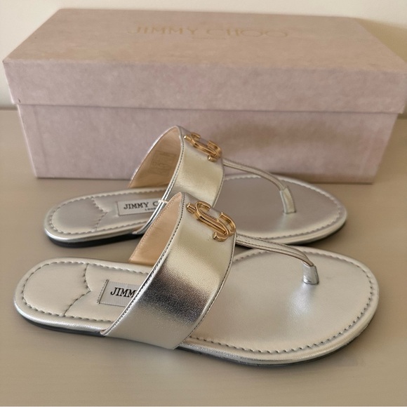 NIB JIMMY CHOO Flat Sandals Logo Leather Silver  Size 7 - Picture 5 of 10